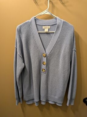 Rachel Zoe Pale Blue Ribbed V-Neck Sweater with Three Marbled Buttons
